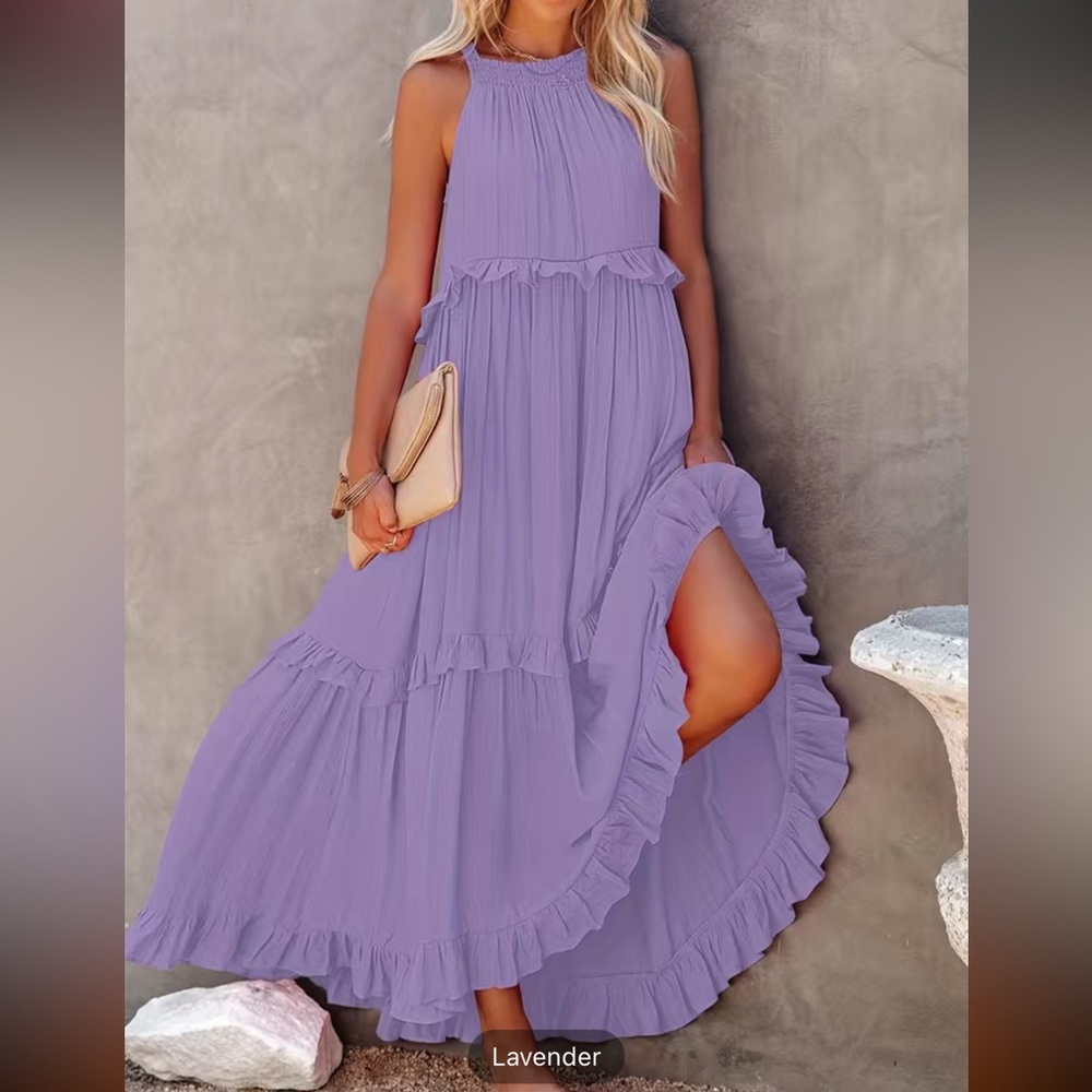 #138 Tiered Ankle Tank Dress, Vocation Backless Halter Neck Dress with Pockets